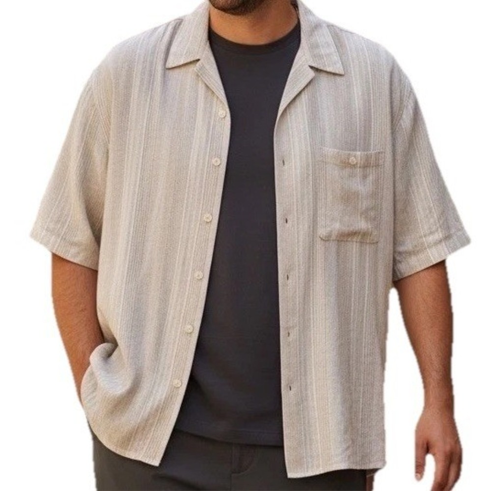Bruno Washable Linen Shirt Mens 2X‎ Beige Striped Short Sleeve Button Up